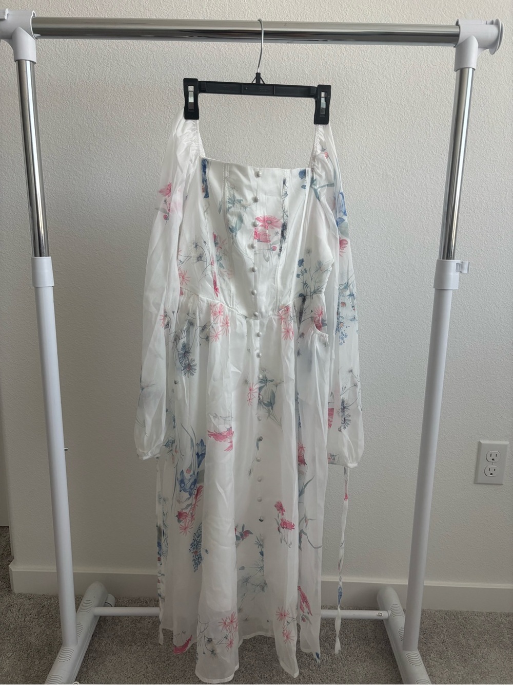 White Floral Maxi Dress With Pockets
